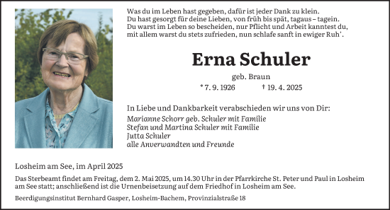 Todesanzeige von Erna Schuler von saarbruecker_zeitung