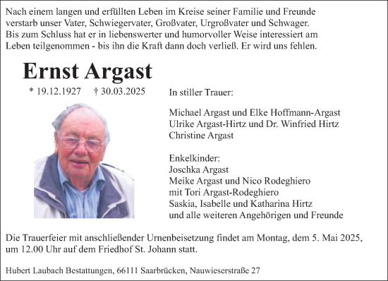 Todesanzeige von Ernst Argast von saarbruecker_zeitung