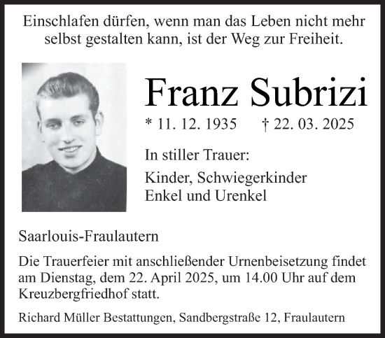 Todesanzeige von Franz Subrizi von saarbruecker_zeitung