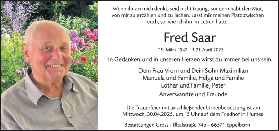 Todesanzeige von Fred Saar von saarbruecker_zeitung
