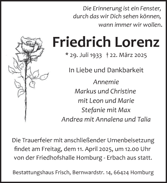 Todesanzeige von Friedrich Lorenz von saarbruecker_zeitung