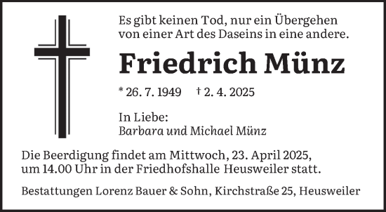 Todesanzeige von Friedrich Münz von saarbruecker_zeitung