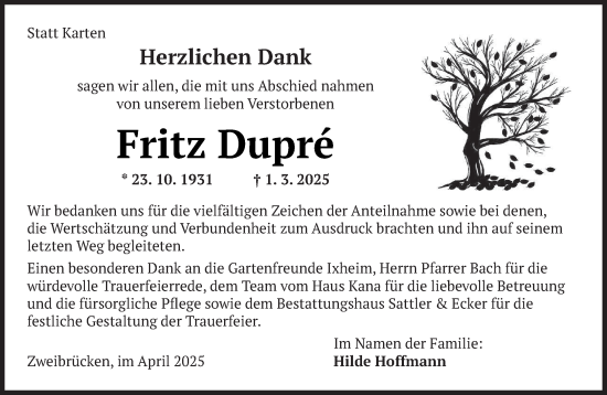 Todesanzeige von Fritz Dupre von saarbruecker_zeitung