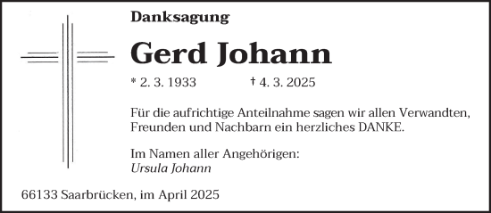 Todesanzeige von Gerd Johann von saarbruecker_zeitung