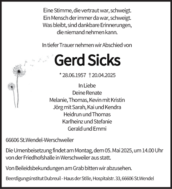 Todesanzeige von Gerd Sicks von saarbruecker_zeitung