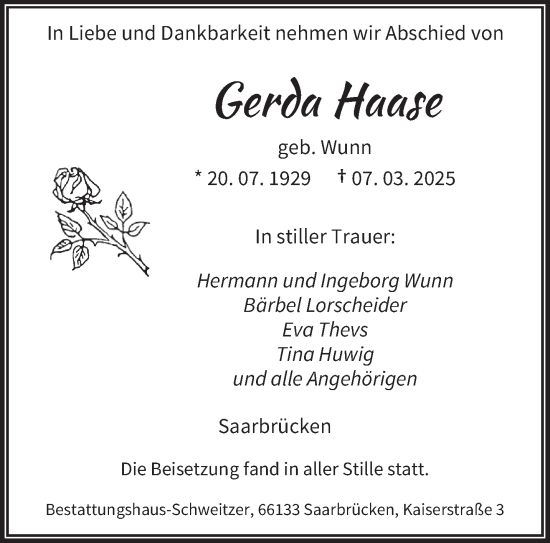 Todesanzeige von Gerda Haase von saarbruecker_zeitung