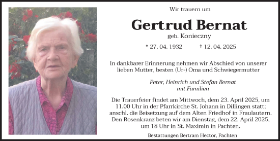 Todesanzeige von Gertrud Bernat von saarbruecker_zeitung