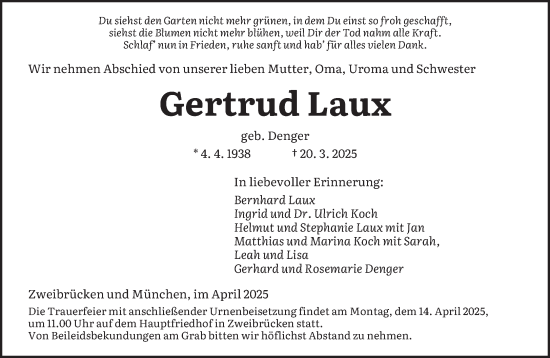 Todesanzeige von Gertrud Laux von saarbruecker_zeitung