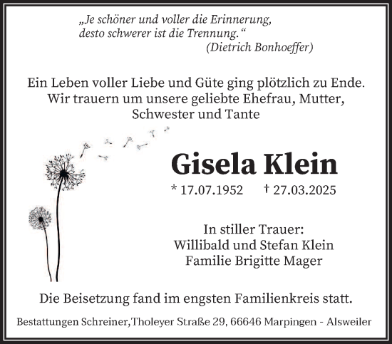 Todesanzeige von Gisela Klein von saarbruecker_zeitung