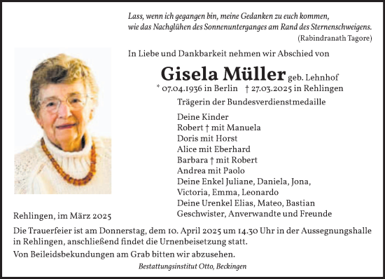 Todesanzeige von Gisela Müller von saarbruecker_zeitung
