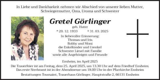 Todesanzeige von Gretel Görlinger von saarbruecker_zeitung
