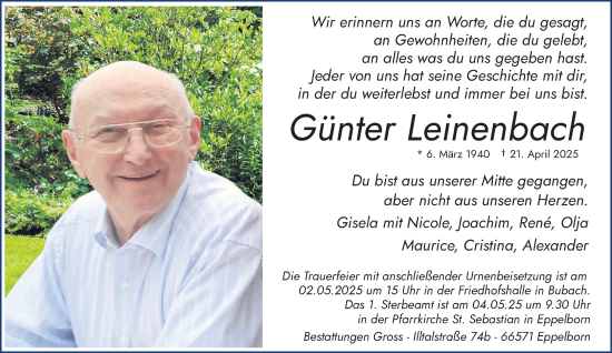 Todesanzeige von Günter Leinenbach von saarbruecker_zeitung