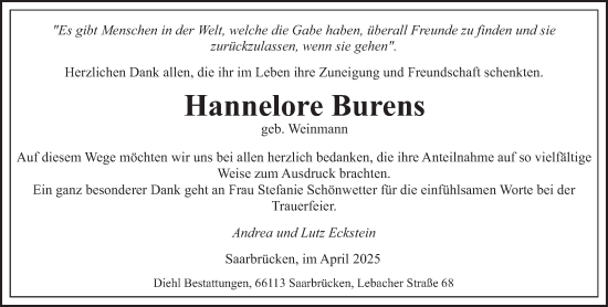 Todesanzeige von Hannelore Burens von saarbruecker_zeitung
