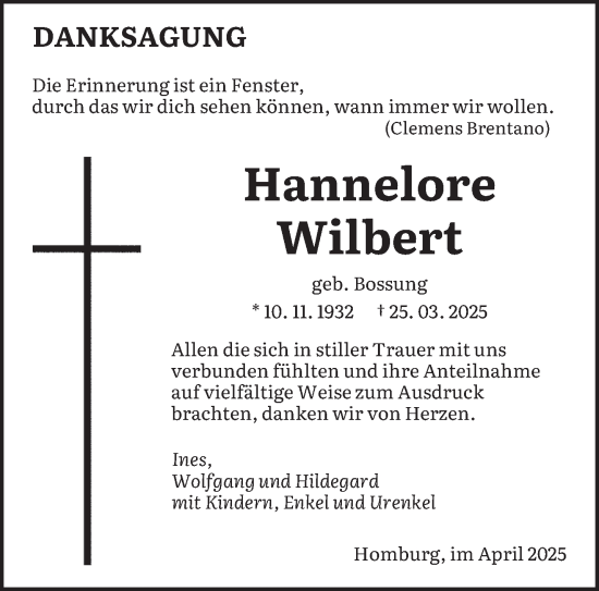Todesanzeige von Hannelore Wilbert von saarbruecker_zeitung