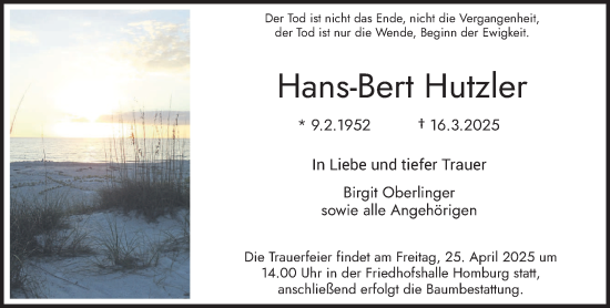Todesanzeige von Hans-Bert Hutzler von saarbruecker_zeitung
