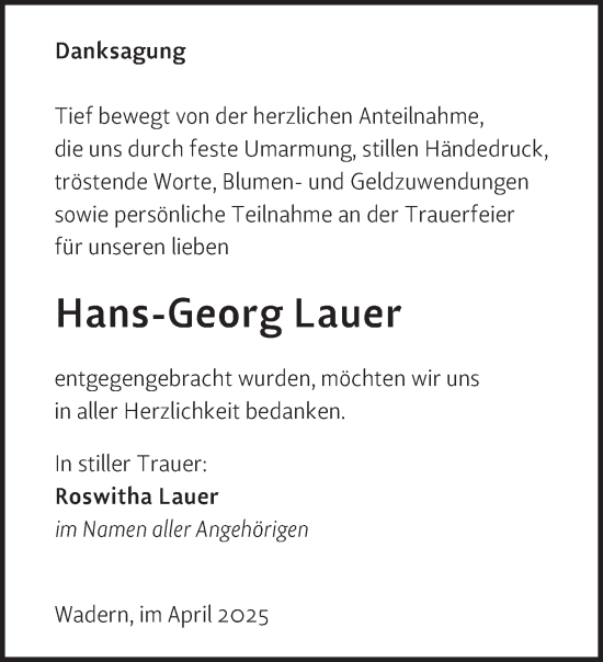 Todesanzeige von Hans-Georg Lauer von saarbruecker_zeitung