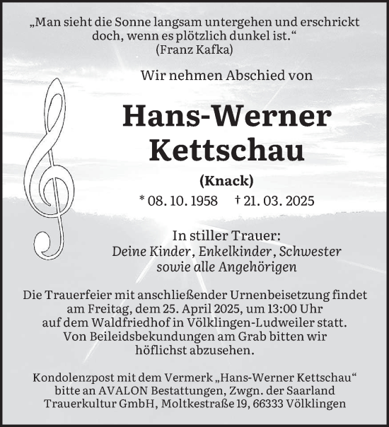 Todesanzeige von Hans-Werner Kettschau von saarbruecker_zeitung