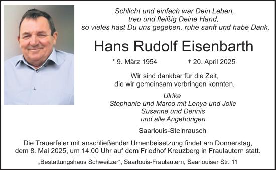 Todesanzeige von Hans Rudolf Eisenbarth von saarbruecker_zeitung