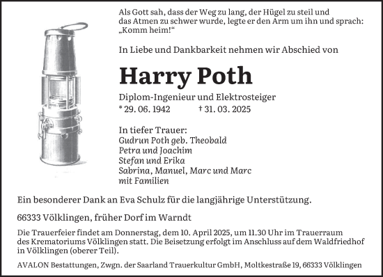 Todesanzeige von Harry Poth von saarbruecker_zeitung