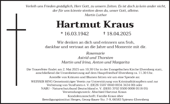Todesanzeige von Hartmut Kraus von saarbruecker_zeitung