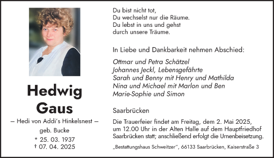 Todesanzeige von Hedwig Gaus von saarbruecker_zeitung