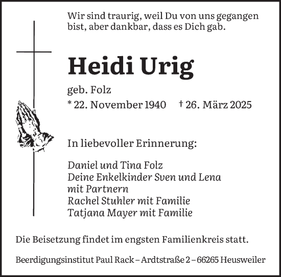 Todesanzeige von Heidi Urig von saarbruecker_zeitung