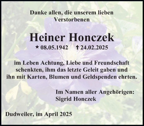 Todesanzeige von Heiner Honczek von saarbruecker_zeitung