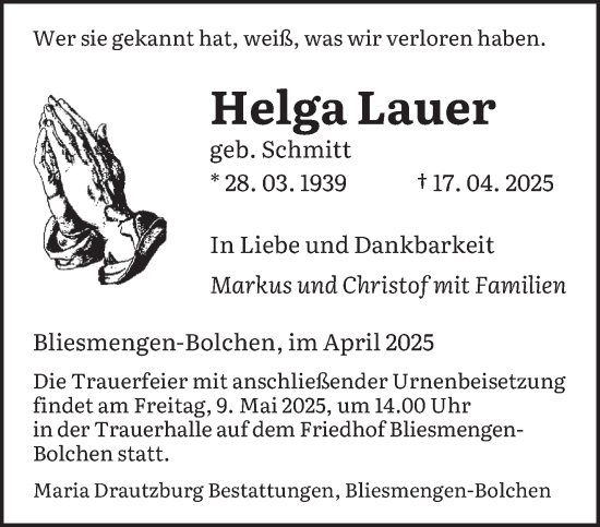 Todesanzeige von Helga Lauer von saarbruecker_zeitung