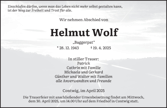Todesanzeige von Helmut Wolf von saarbruecker_zeitung