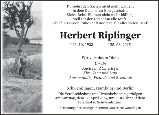 Todesanzeige von Herbert Riplinger von saarbruecker_zeitung