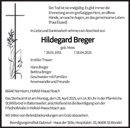 Todesanzeige von Hildegard Breger von saarbruecker_zeitung