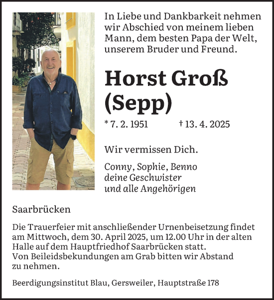 Todesanzeige von Horst Groß von saarbruecker_zeitung