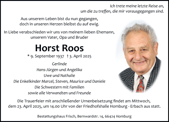 Todesanzeige von Horst Roos von saarbruecker_zeitung