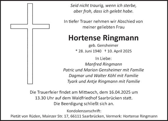 Todesanzeige von Hortense Ringmann von saarbruecker_zeitung