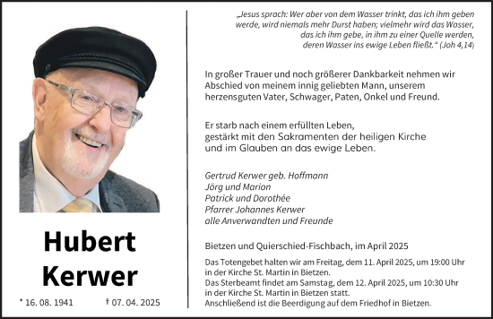 Todesanzeige von Hubert Kerwer von saarbruecker_zeitung