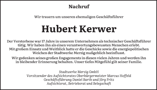 Todesanzeige von Hubert Kerwer von saarbruecker_zeitung