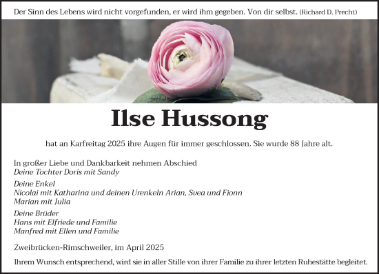 Todesanzeige von Ilse Hussong von saarbruecker_zeitung
