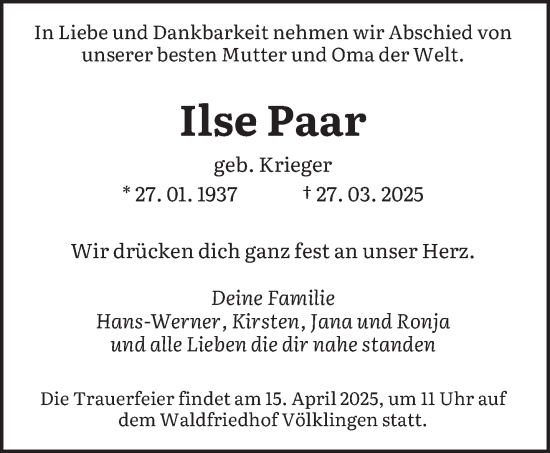 Todesanzeige von Ilse Paar von saarbruecker_zeitung