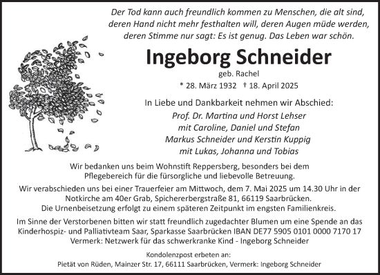 Todesanzeige von Ingeborg Schneider von saarbruecker_zeitung
