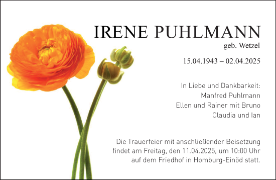Todesanzeige von Irene Puhlmann von saarbruecker_zeitung