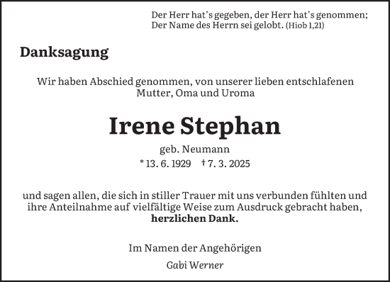 Todesanzeige von Irene Stephan von saarbruecker_zeitung