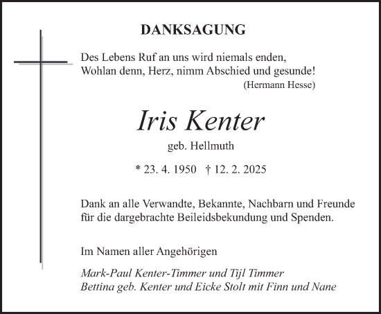 Todesanzeige von Iris Kenter von saarbruecker_zeitung