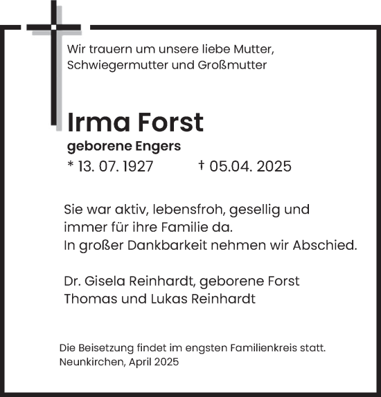 Todesanzeige von Irma Forst von saarbruecker_zeitung