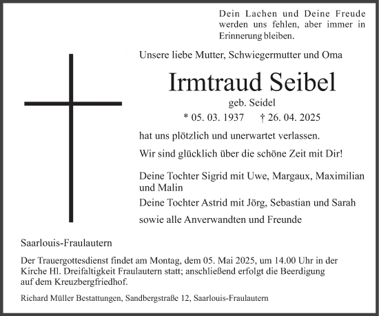 Todesanzeige von Irmtraud Seibel von saarbruecker_zeitung
