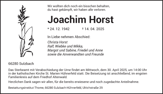 Todesanzeige von Joachim Horst von saarbruecker_zeitung