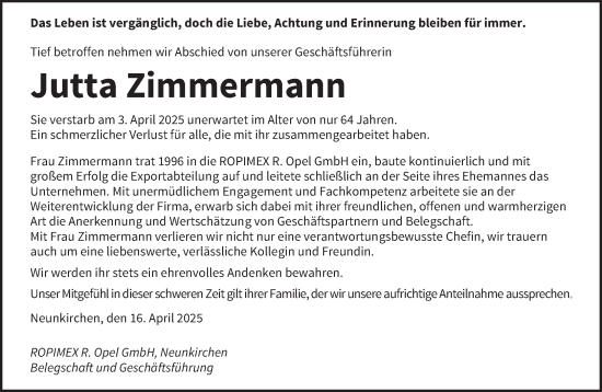 Todesanzeige von Jutta Zimmermann von saarbruecker_zeitung