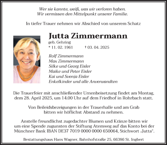 Todesanzeige von Jutta Zimmermann von saarbruecker_zeitung