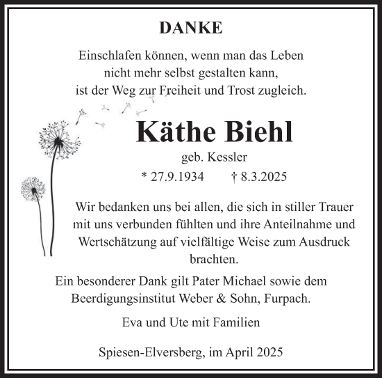 Todesanzeige von Käthe Biehl von saarbruecker_zeitung