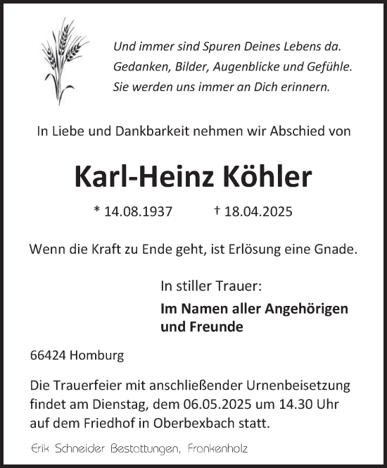 Todesanzeige von Karl-Heinz Köhler von saarbruecker_zeitung