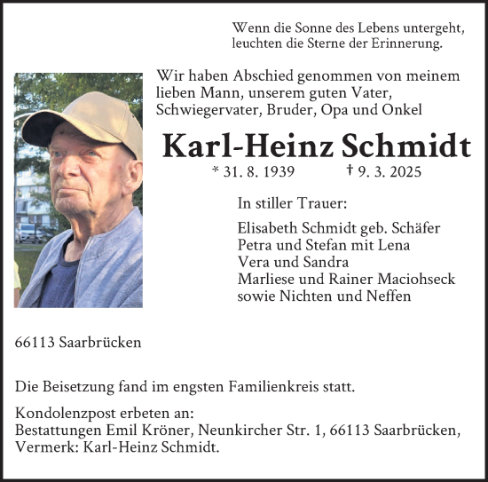 Todesanzeige von Karl-Heinz Schmidt von saarbruecker_zeitung